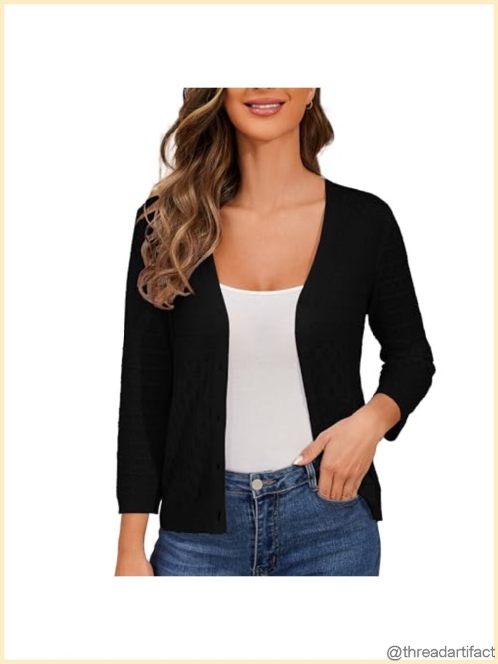 Crochet Knit Cardigan 3/4 Sleeve Open Front Shrug Sweater